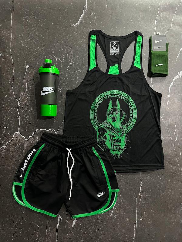 پکیج کد E1772 شامل رکابی + شلوارک + شیکر دو تیکه + جوراب ساقدار با تم مشکی و سبز 🖤💚