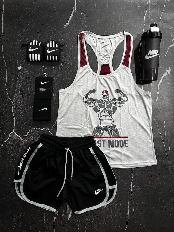 پکیج کد E1773 شامل رکابی + شلوارک + جوراب ساقدار + شیکر دو تیکه + مچ بند چسب نانو با تم طوسی مشکی 👌🏻🔥