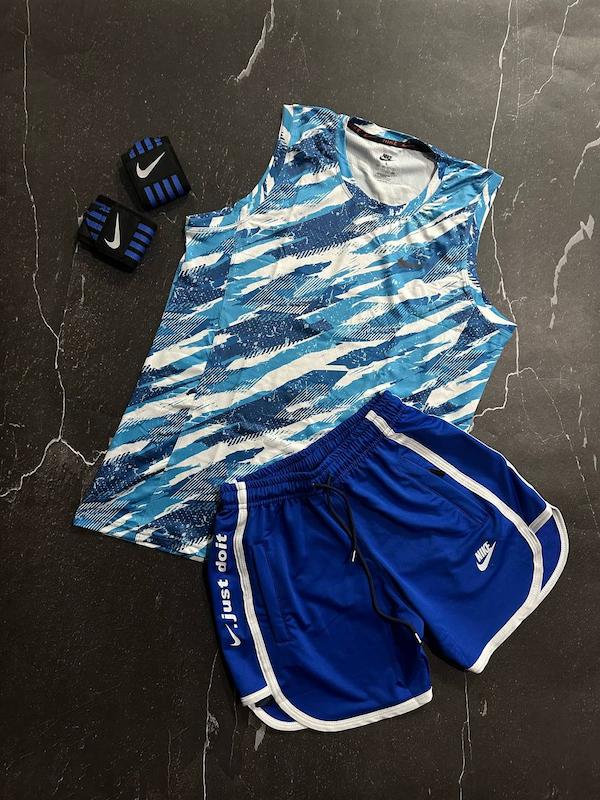 پکیج کد E1776 شامل رکابی قهرمانی + شلوارک کوتاه + مچ بند چسب نانو + با تم آبی