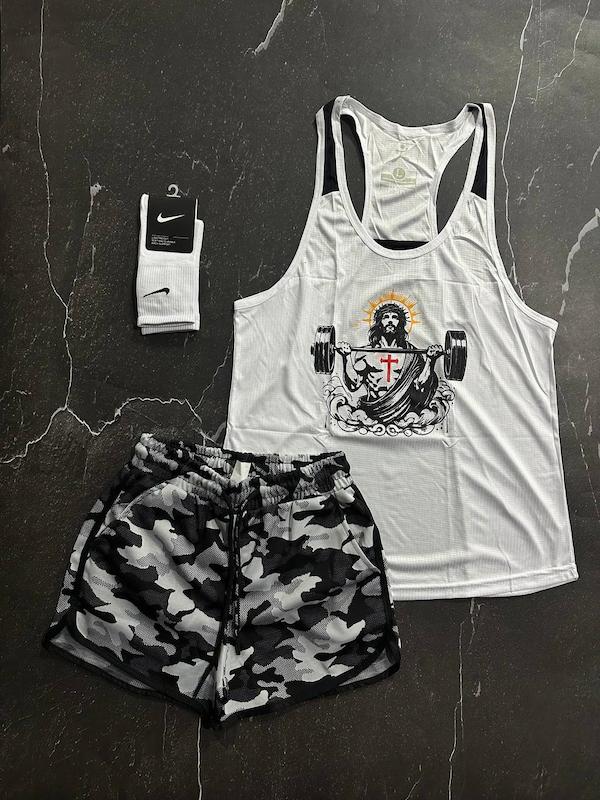 پکیج کد E1778 شامل رکابی قهرمانی + شلوارک چریکی + جوراب ساقدار+ با تم سفید مشکی