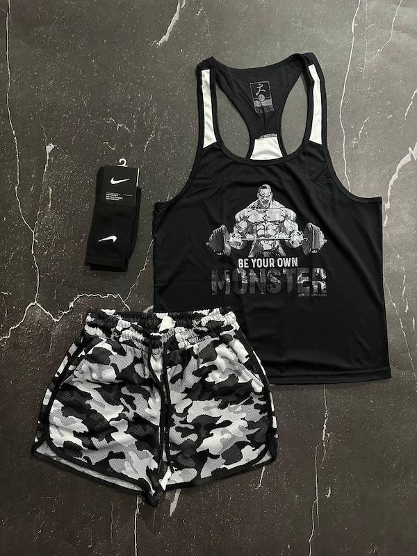 پکیج کد E1779 شامل رکابی قهرمانی + شلوارک چریکی + جوراب ساقدار+ با تم مشکی سفید