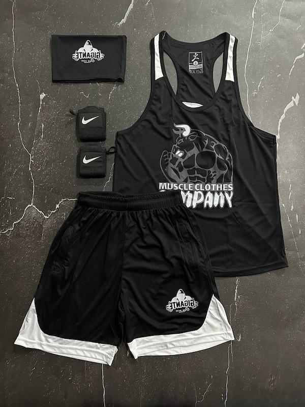 پکیج کد E1782 شامل رکابی قهرمانی + شلوارک + اسکارف + مچبند چسب نانو + با تم سفید مشکی-کپی