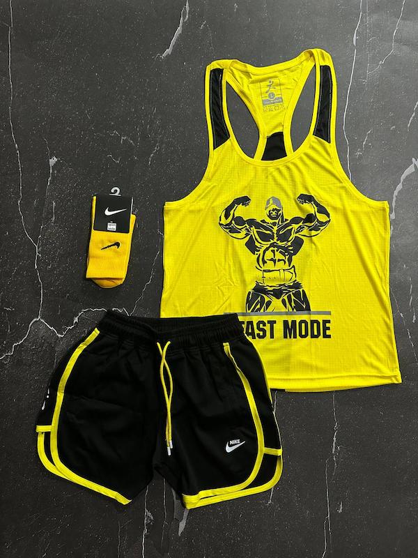 پکیج کد E1783 شامل رکابی قهرمانی + شلوارک کوتاه + جوراب ساقدار با تم زرد مشکی