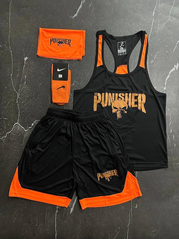 پکیج کد E1784 شامل رکابی قهرمانی + شلوارک + اسکارف + جوراب ساقدار با تم مشکی نارنجی