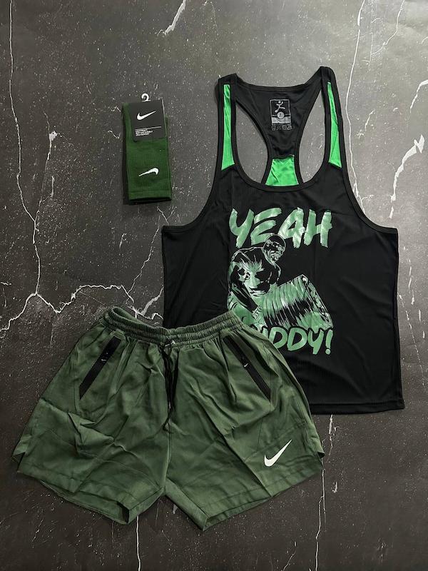 پکیج کد E1786 شامل رکابی قهرمانی + شلوارک کوتاه + جوراب ساقدار با تم مشکی سبز