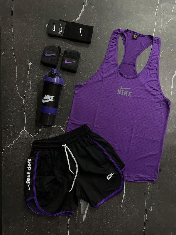 پکیج کد E1780 شامل رکابی + شلوارک + جوراب ساقدار + شیکر دو تیکه + مچ بند چسب نانو با تم بنفش 🖤💜