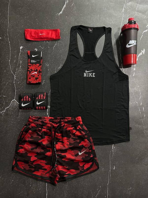 پکیج کد E1783 شامل رکابی قهرمانی + شلوارک چریکی + جوراب ساقدار + شیکر دو تیکه + مچ بند چسب نانو + هدبند با تم مشکی قرمز 🖤❤️👌🏻