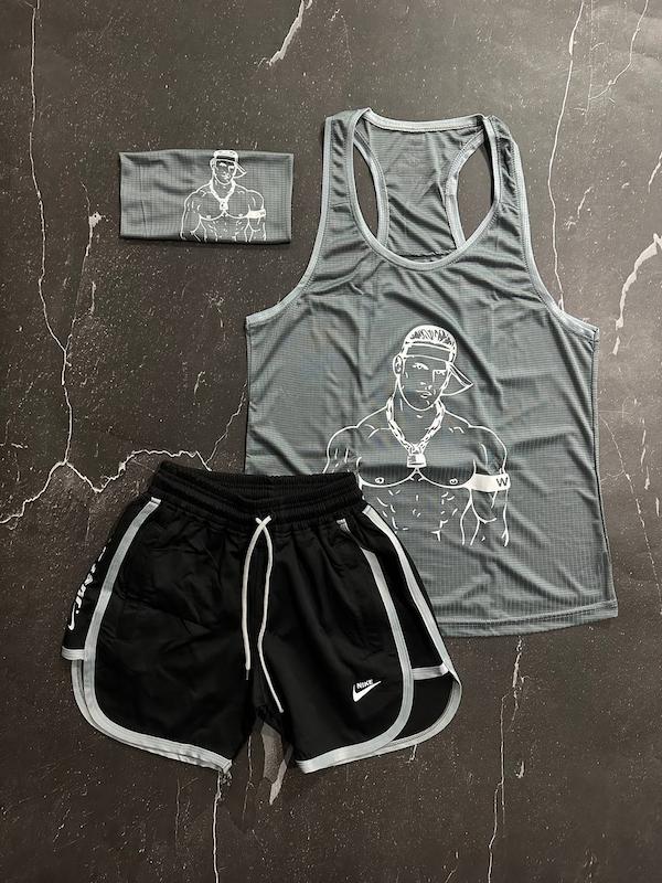 پکیج کد E1793 شامل رکابی قهرمانی + شلوارک + اسکارف با تم طوسی مشکی