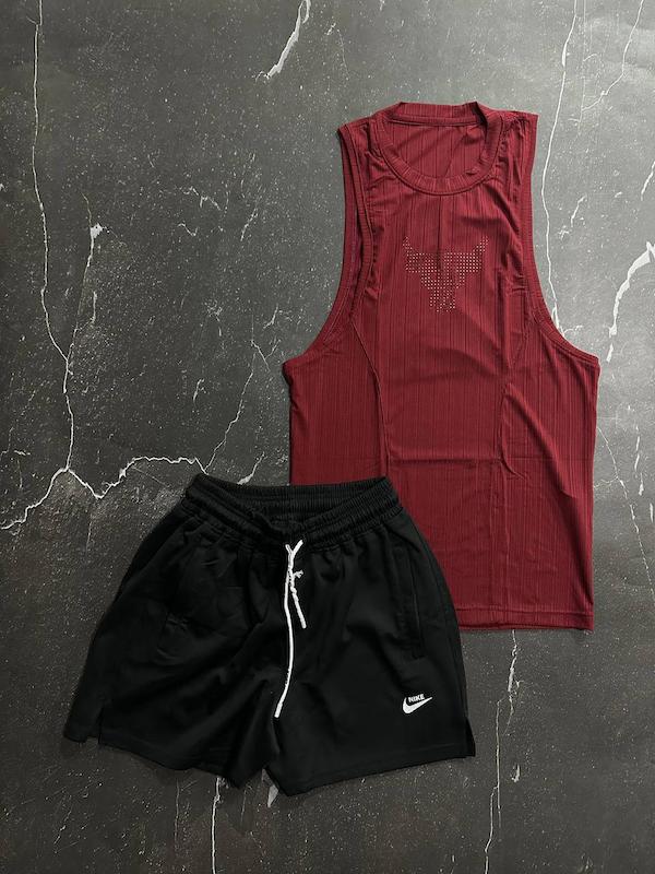 پکیج کد E1796 شامل رکابی حلقه ای + شلوارک با تم زرشکی مشکی