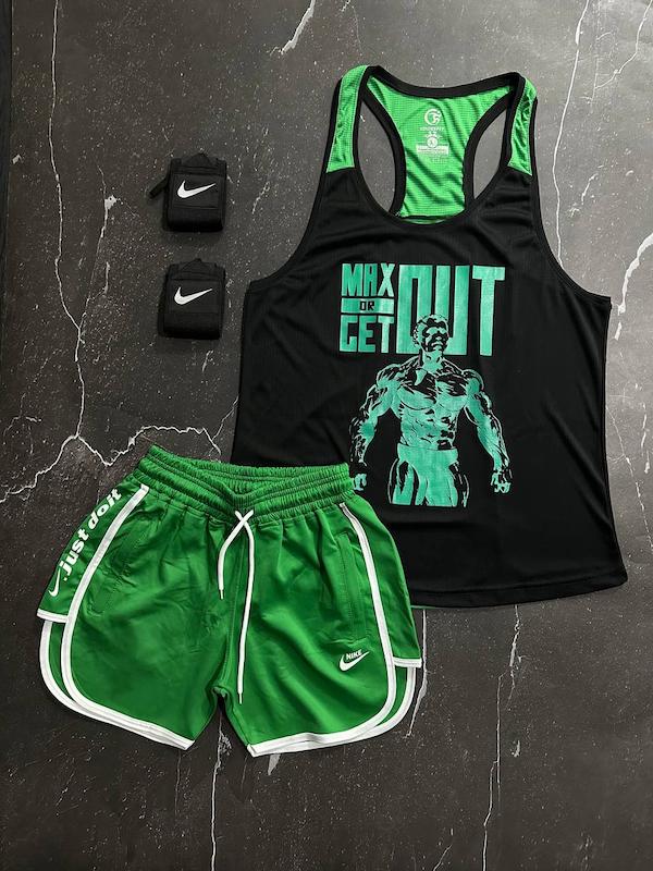 پکیج کد S2790 شامل رکابی قهرمانی + شلوارک + مچبند با تم مشکی سبز