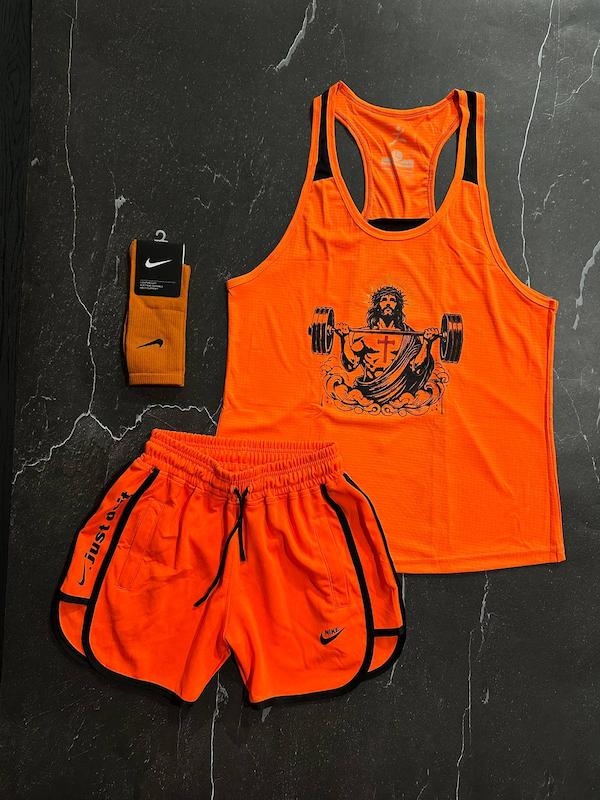 پکیج کد S2791 شامل رکابی قهرمانی + شلوارک + جوراب با تم نارنجی