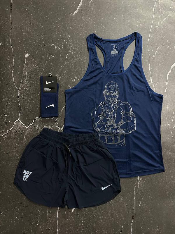 پکیج کد S2792 شامل رکابی قهرمانی + شلوارک + جوراب با تم سرمه ای