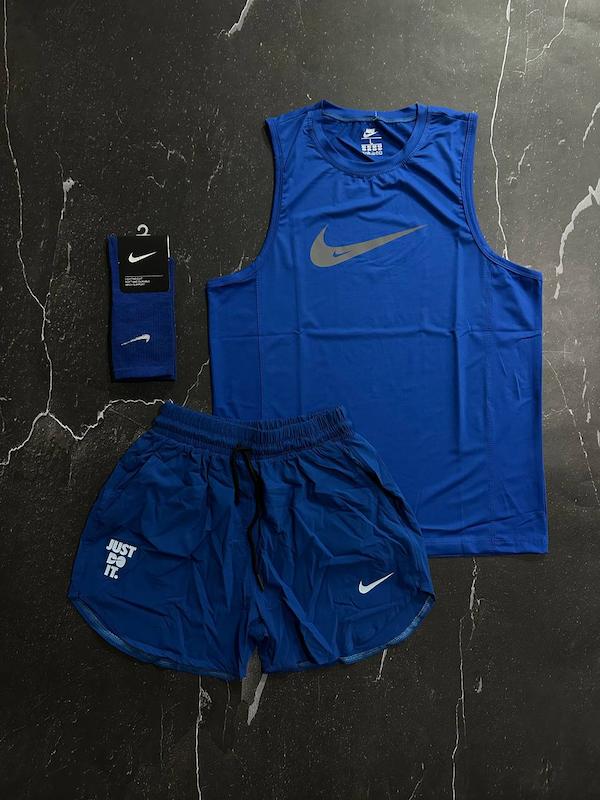 پکیج کد S2800 شامل رکابی حلقه ای + شلوارک + جوراب با تم آبی