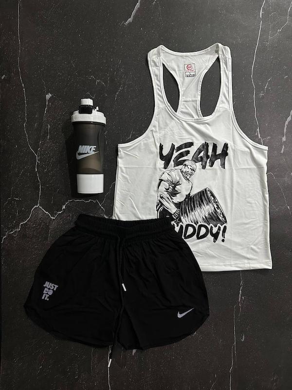 پکیج کد S2804 شامل رکابی قهرمانی + شلوارک + شیکر دو تیکه با تم سفید مشکی