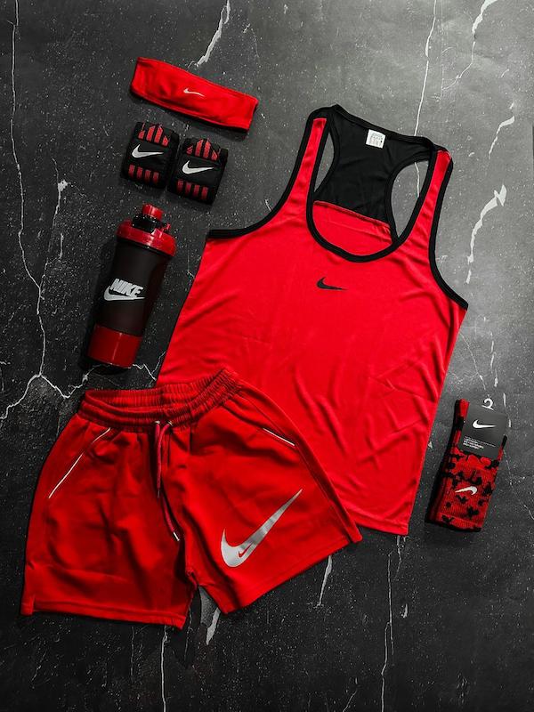 پکیج کد E1813 شامل رکابی قهرمانی + شلوارک غواصی + جوراب ساقدار + شیکر دو تیکه + مچ بند چسب نانو + هدبند با تم قرمز ❤️👌🏻