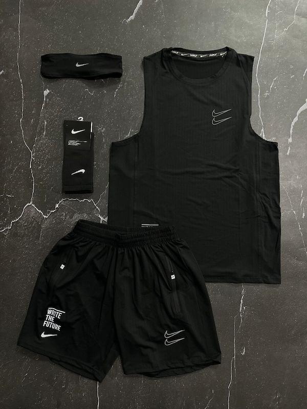 پکیج کد E1817 شامل رکابی قهرمانی + شلوارک غواصی + جوراب ساقدار + هدبند با تم مشکی‌ 🖤🔥