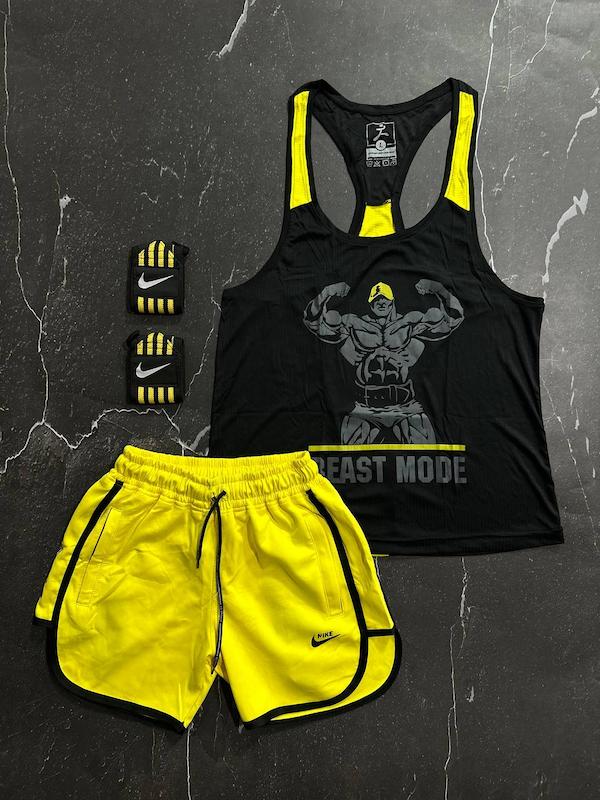 پکیج کد S2805 شامل رکابی قهرمانی + شلوارک + مچبند با تم مشکی زرد