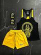 پکیج کد S2806 شامل رکابی قهرمانی + شلوارک + مچبند با تم مشکی زرد