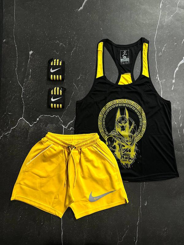 پکیج کد S2806 شامل رکابی قهرمانی + شلوارک + مچبند با تم مشکی زرد