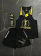 پکیج کد S2807 شامل رکابی قهرمانی + شلوارک + مچبند با تم مشکی زرد