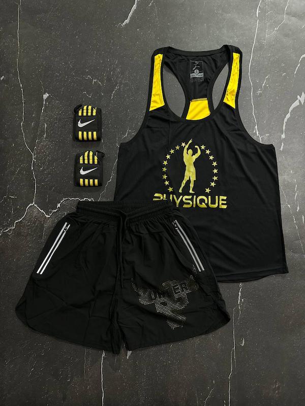 پکیج کد S2807 شامل رکابی قهرمانی + شلوارک + مچبند با تم مشکی زرد