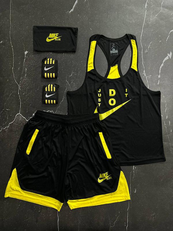 پکیج کد S2808 شامل رکابی قهرمانی + شلوارک + اسکارف + مچبند با تم مشکی زرد