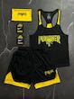 پکیج کد S2809 شامل رکابی قهرمانی + شلوارک + اسکارف + مچبند با تم مشکی زرد