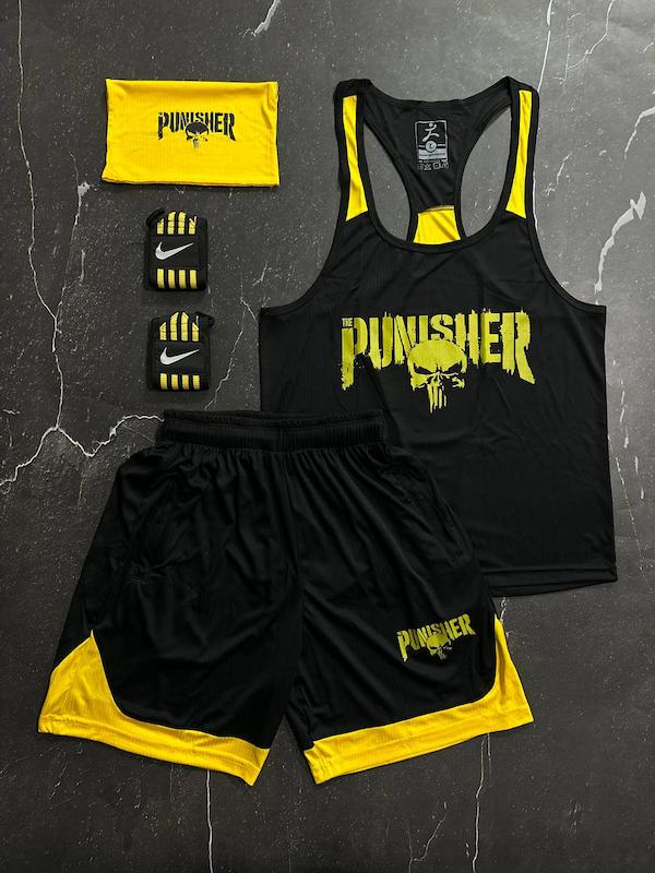 پکیج کد S2809 شامل رکابی قهرمانی + شلوارک + اسکارف + مچبند با تم مشکی زرد