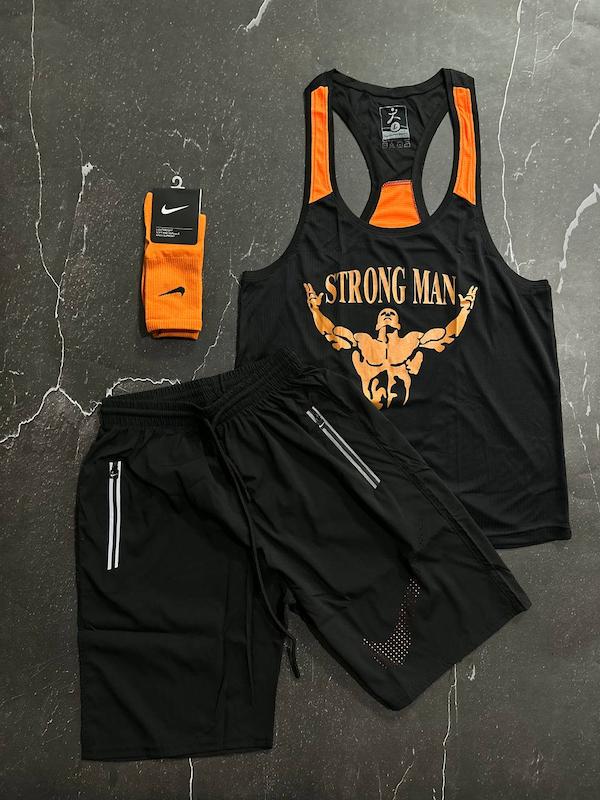 پکیج کد S2810 شامل رکابی قهرمانی + شلوارک + جوراب با تم مشکی نارنجی