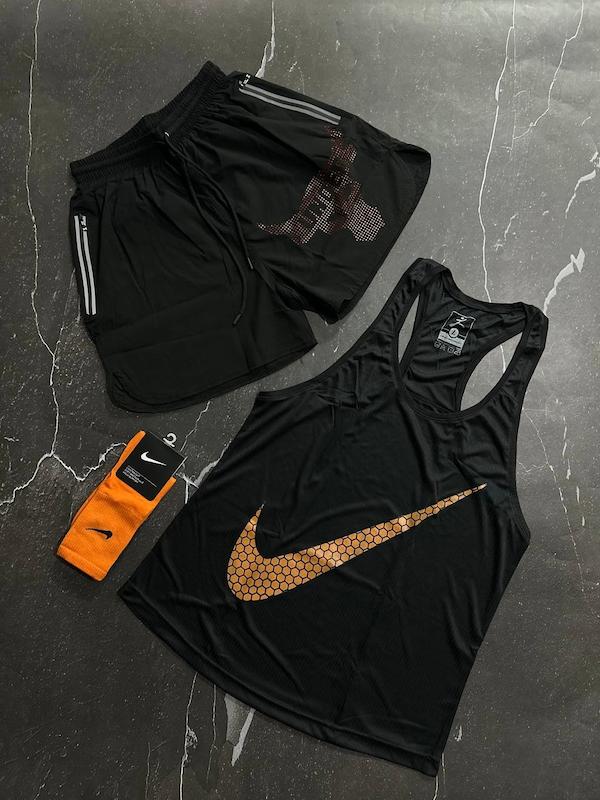 پکیج کد S2811 شامل رکابی قهرمانی + شلوارک + جوراب با تم مشکی نارنجی