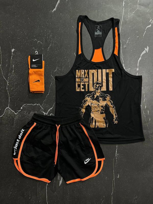 پکیج کد S2812 شامل رکابی قهرمانی + شلوارک + جوراب با تم مشکی نارنجی