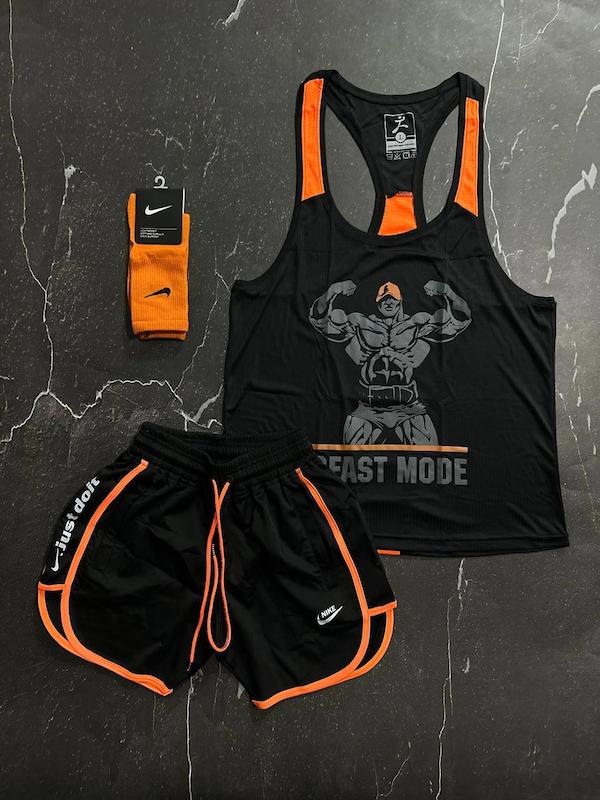 پکیج کد S2813 شامل رکابی قهرمانی + شلوارک + جوراب با تم مشکی نارنجی