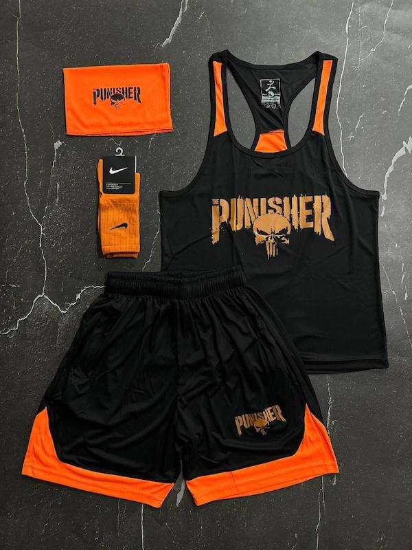 پکیج کد S2814 شامل رکابی قهرمانی + شلوارک + جوراب + اسکارف با تم مشکی نارنجی