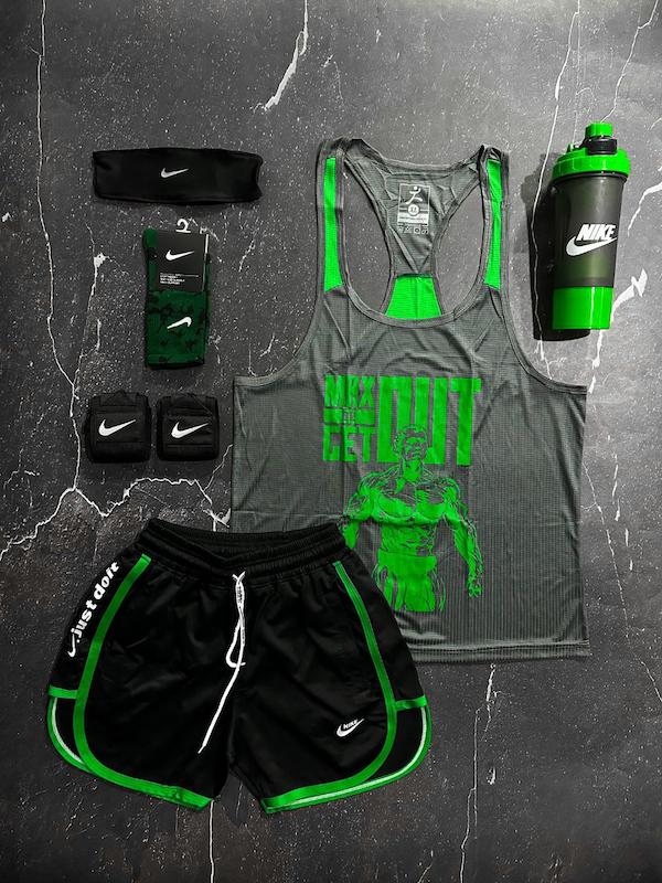 پکیج کد E1819 شامل رکابی قهرمانی + شلوارک غواصی + جوراب ساقدار + شیکر دو تیکه + مچ بند چسب نانو + هدبند با تم سبز 💚 