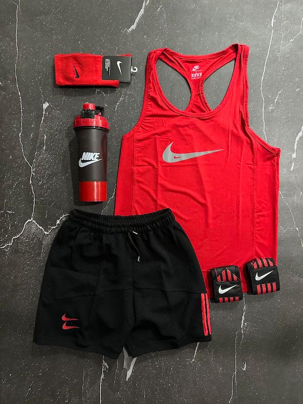 پکیج کد E1822 شامل رکابی قهرمانی + شلوارک دیور + جوراب ساقدار + مچ بند چسب نانو با تم قرمز ❤️❤️