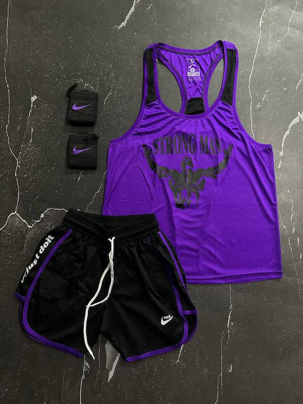 پکیج کد S2815 شامل رکابی قهرمانی + شلوارک + مچبند با تم بنفش مشکی