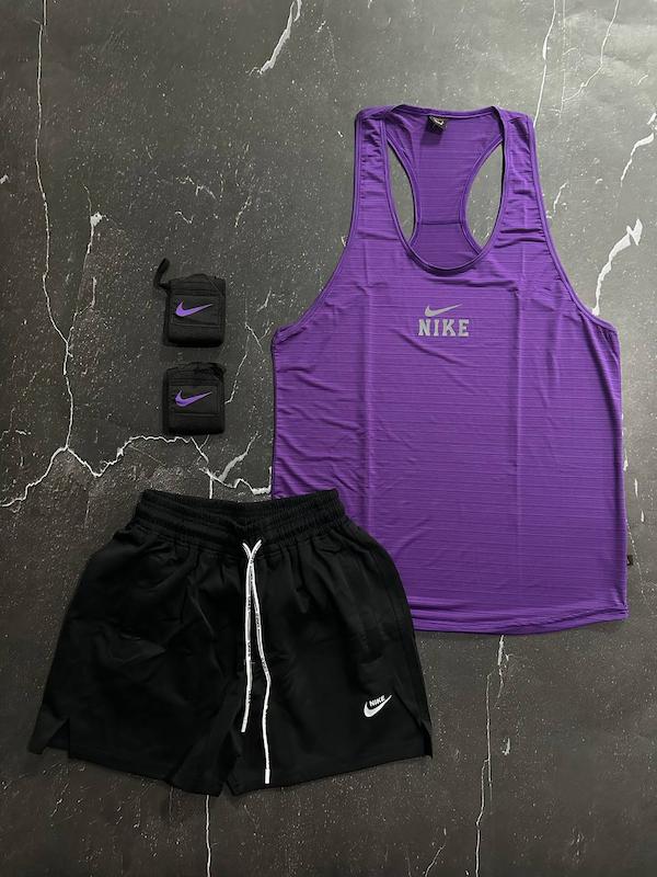 پکیج کد S2817 شامل رکابی قهرمانی + شلوارک + مچبند با تم بنفش مشکی