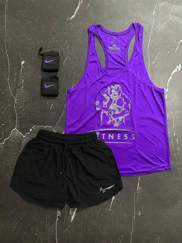 پکیج کد S2818 شامل رکابی قهرمانی + شلوارک + مچبند با تم بنفش مشکی