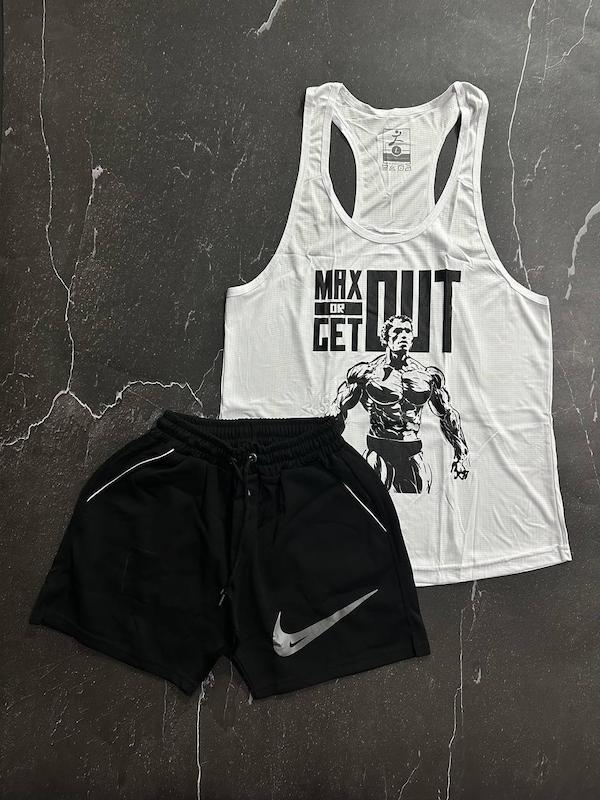 پکیج کد S2821 شامل رکابی قهرمانی + شلوارک با تم سفید مشکی