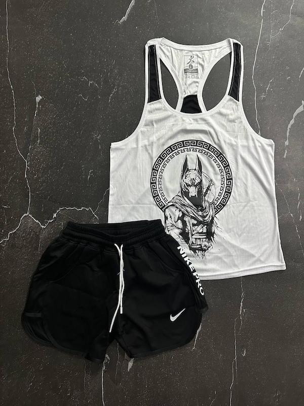 پکیج کد S2822 شامل رکابی قهرمانی + شلوارک با تم سفید مشکی