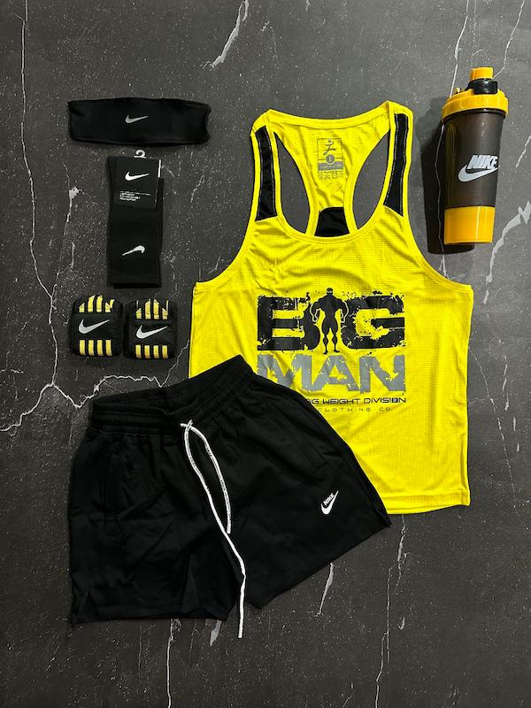 پکیج کد E1824 شامل رکابی قهرمانی + شلوارک غواصی + جوراب ساقدار + شیکر دو تیکه + مچ بند چسب نانو + هدبند با تم زرد مشکی 💛🖤