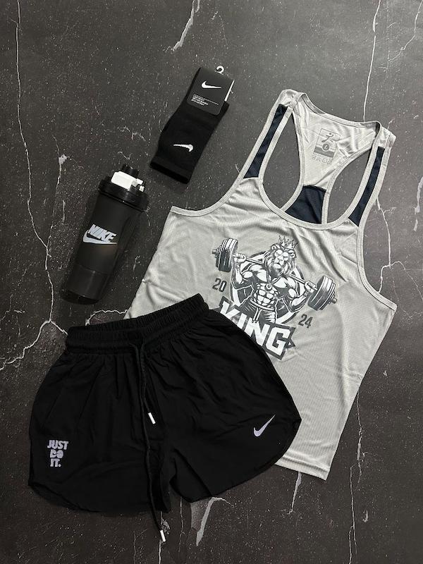 پکیج کد E1826 شامل رکابی قهرمانی + شلوارک آیرو + جوراب ساقدار + شیکر دو تیکه با تم طوسی نوک مدادی 🔥🤌🏻