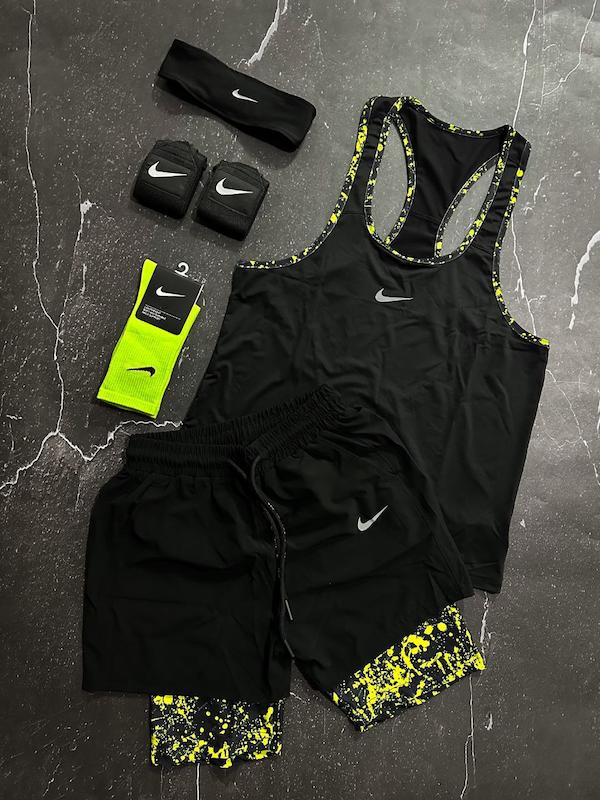 پکیج کد E1830 شامل رکابی قهرمانی + شلوارک کشاله دار + جوراب ساقدار + مچ بند چسب نانو + هدبند با تم مشکی سبز 💚🖤