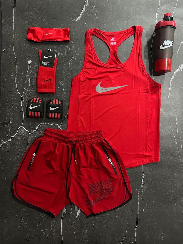 پکیج کد E1835 شامل رکابی قهرمانی + شلوارک آیرو + جوراب ساقدار + شیکر دو تیکه + مچ بند چسب نانو + هدبند با تم قرمز ❤️🤌🏻