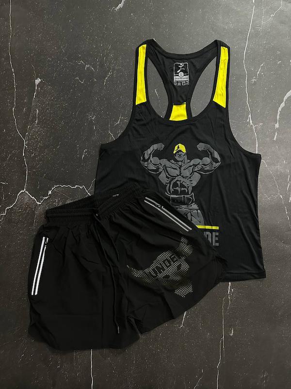 پکیج کد S2845 شامل رکابی + شلوارک با تم مشکی زرد