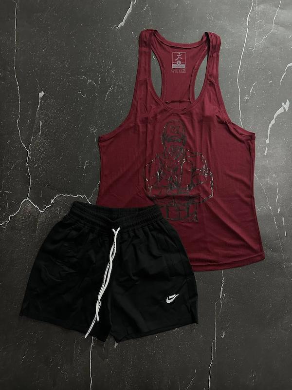 پکیج کد S2850 شامل رکابی + شلوارک با تم زرشکی مشکی