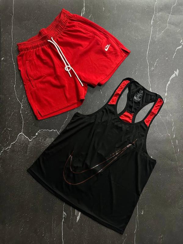 پکیج کد S2856 شامل رکابی + شلوارک با تم مشکی قرمز