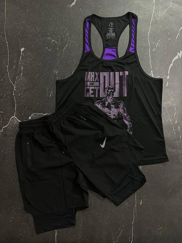 پکیج کد S2866 شامل رکابی + شلوارک کشاله دار با تم مشکی بنفش 3XL