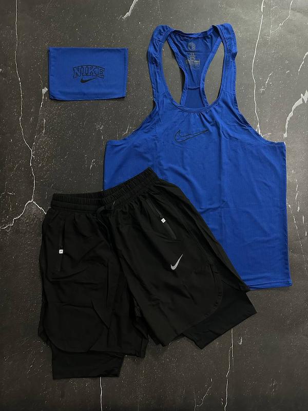 پکیج کد S2867 شامل رکابی + شلوارک کشاله دار + اسکارف با تم آبی مشکی 3XL