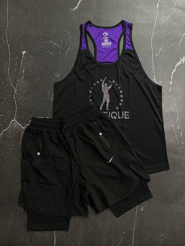 پکیج کد S2870 شامل رکابی + شلوارک کشاله دار با تم مشکی بنفش 3XL